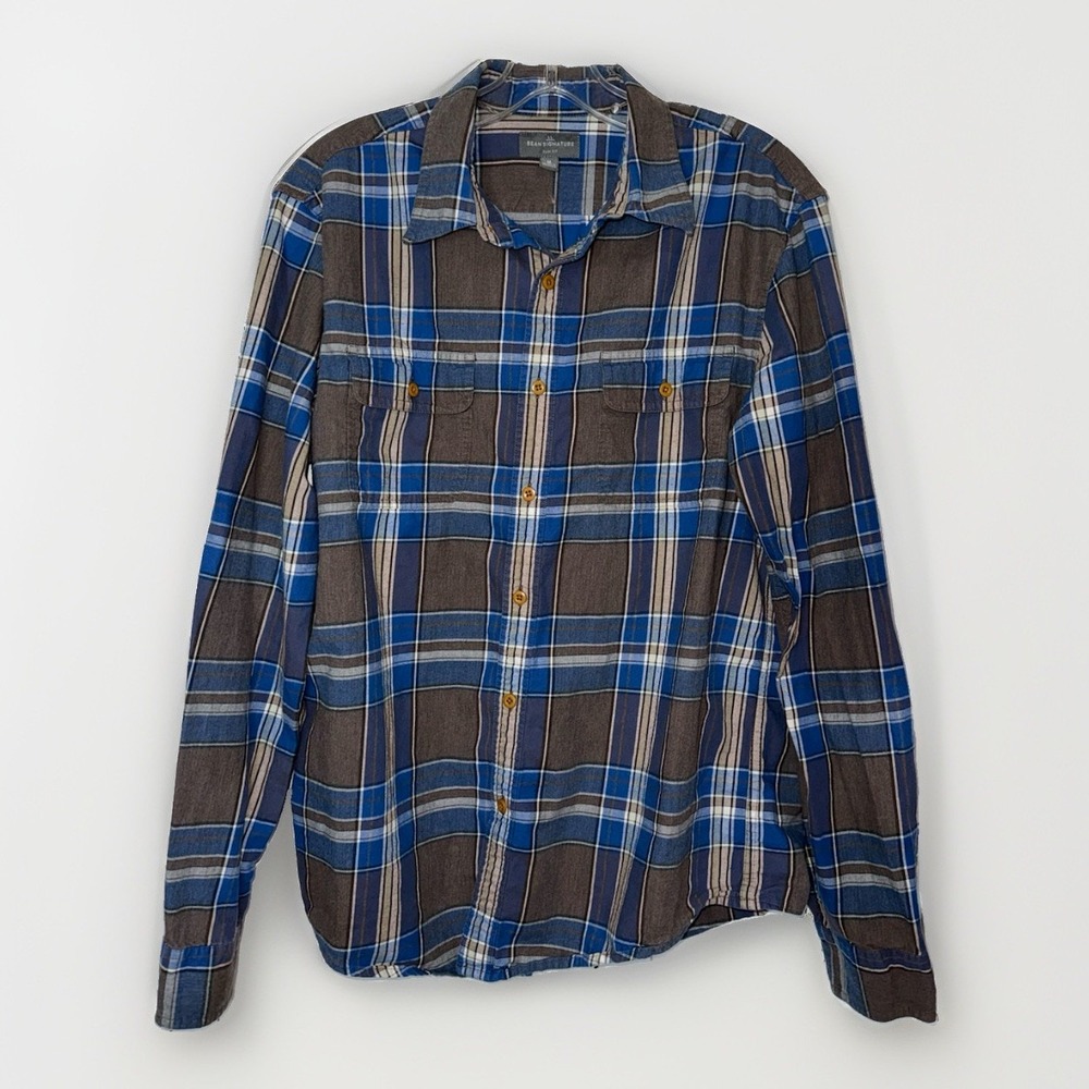 L.L.Bean Signature Mens M Slim Fit Plaid Flannel Shirt Blue Brown 100% Cotton